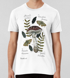 Amanita Muscaria With Moths And Leaves Botanical Illustration T-shirt